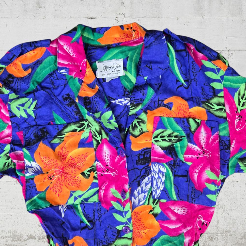 70s Vintage Blue Tropical Floral Island Midi Blouson Dress USA Made Size 6 - Picture 4 of 12
